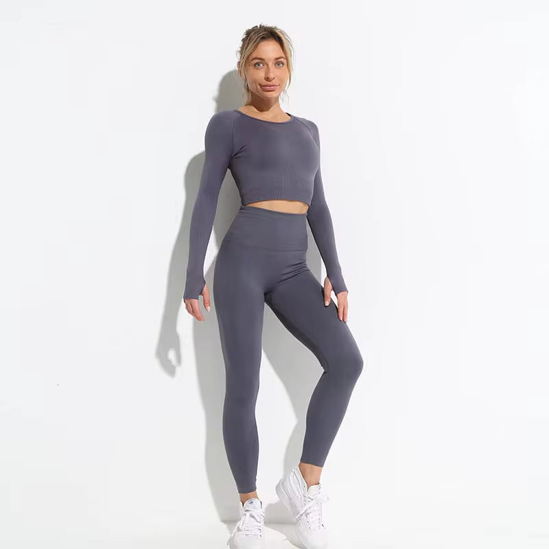 Elevate Your Workout with Our 2-Piece Seamless Hyperflex Sports Set for Women - Stylish Crop Top & High Waist Leggings!